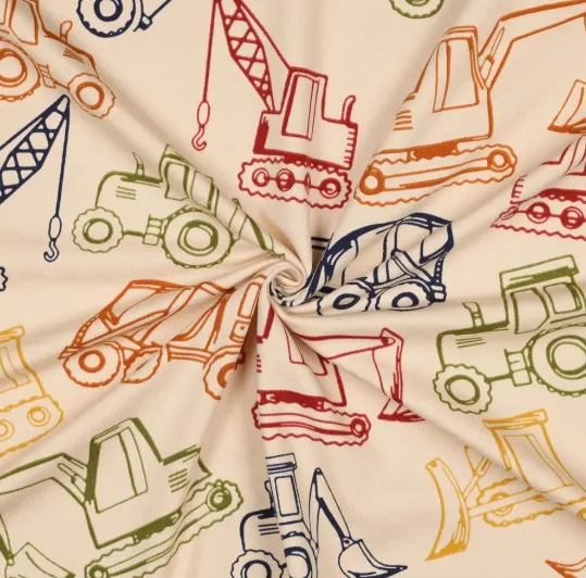 French terry zandkleurig met werkvoertuigen  -  Poppy meets Pommé